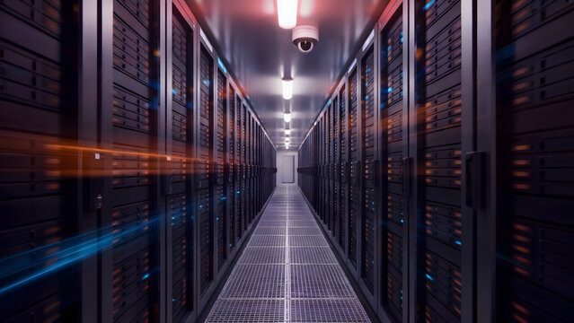 Modern server room with data streams for robust cybersecurity solutions and reliable data storage