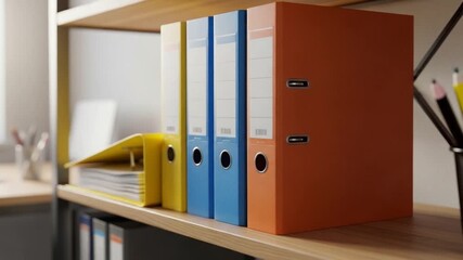 Four colorful ring binders on a wooden office shelf including yellow blue and orange files holding important documents for business organization and administration - Powered by Adobe