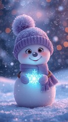 Obraz premium Cartoon-style snowman standing in a snowy winter landscape at dusk.