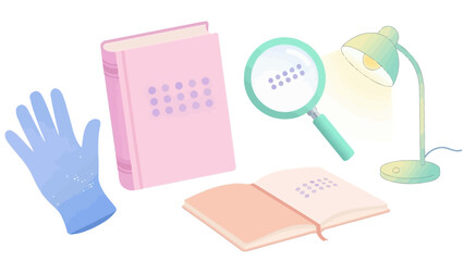 An assortment of study and investigation tools including a pink book, blue glove, magnifying glass, and desk lamp.
