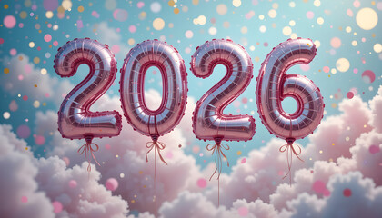 2026 shaped as floating balloons with ribbons surrounded by fluffy confetti clouds and airy bokeh