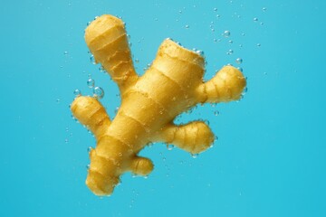 Naklejka premium Fresh aromatic ginger root floating underwater with a burst of tiny bubbles