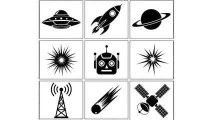 A collection of nine black and white icons representing space, science, and technology themes like rockets, planets, and robots. © Melin