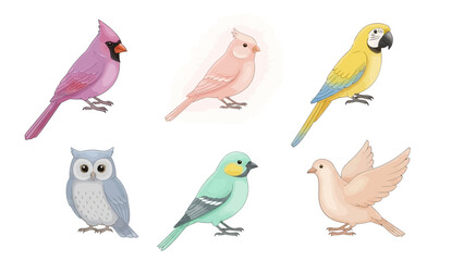 Watercolor illustration of various birds, showcasing a cardinal, finch, parrot, owl, and dove.