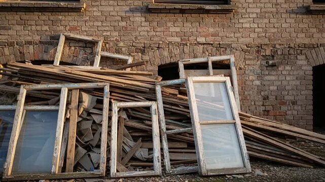 Discarded wooden window frames and old timber planks piled against a weathered brick wall of a dilapidated building awaiting demolition