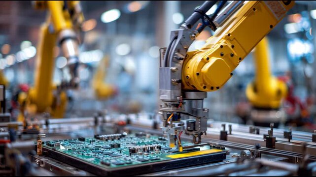 Advanced robotic arms are efficiently assembling electronic components on circuit boards in a high-tech manufacturing facility. Each movement is precise and rapid