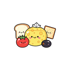 Cute cheese wheel with bread tomato and cracker cartoon character