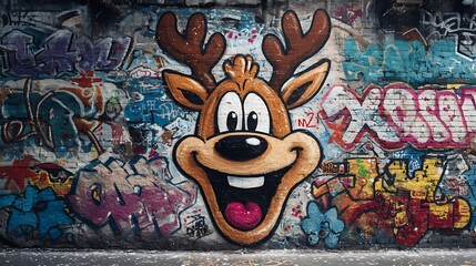 Obraz premium Cheerful Reindeer Graffiti Art on a Colorful Wall.