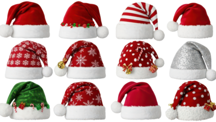 Collection of Santa hats in various designs and colors.