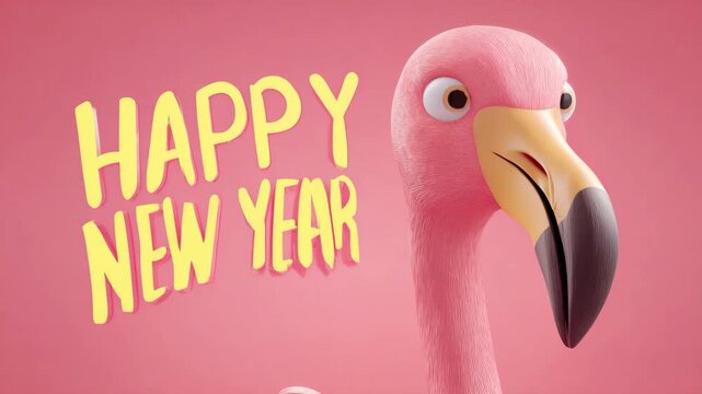 Festive pink flamingo with Happy New Year text a whimsical holiday greeting for seasonal social media posts and cheerful celebrations