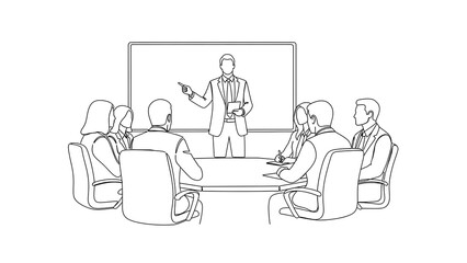 Business presentation and team meeting illustration, professional people discussing ideas and collaborating in a corporate setting