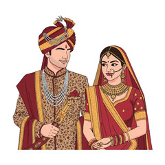 Traditional Indian wedding couple wearing vibrant ceremonial attire stands elegantly in a flat 2D vector illustration against a simple white background, symbolizing cultural marriage celebration.