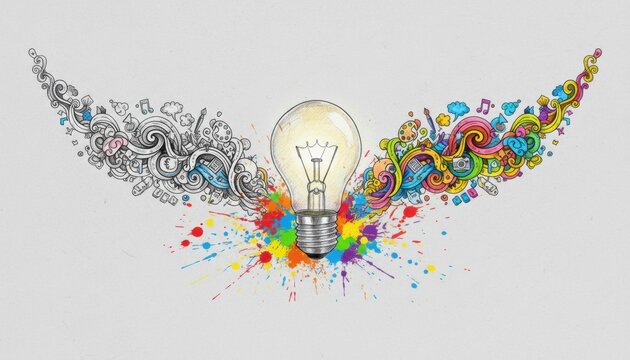 Hand-drawn light bulb illustration with creative doodle wings, one monochrome for logic and one colorful for art, symbolizing the two brain hemispheres on a textured paper background