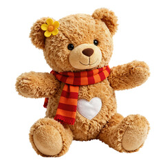Obraz premium Cute Brown Teddy Bear With Red Scarf and Flower