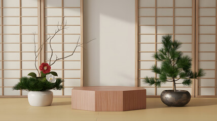 Fototapeta premium Serene Japanese Interior with Ikebana and Bonsai Display