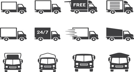 Delivery, Shipping, and Logistics Truck Glyph Icons Set: Featuring Cargo Van, Freight Lorry, Express, Free, and 24/7 Service Vector Illustration