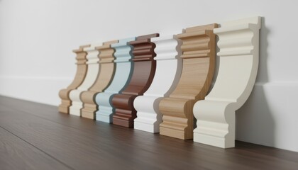 Various colorful decorative skirting board samples lined up in a row on a dark wood floor against a white wall, showcasing different materials and profiles for interior design