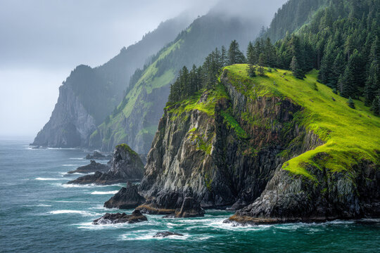 Misty coastal cliffs with lush green grass and dense evergreen trees overlooking turbulent ocean waves in a serene and dramatic natural landscape scene
