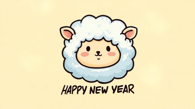 Cute cartoon sheep illustration fluffy and smiling on light background for New Year greeting cards and festive designs