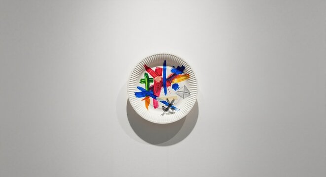 Colorful abstract art on disposable paper plate. Child's mixed media painting and collage project displayed on minimalist white wall with copy space