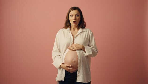 Surprised pregnant woman with a shocked expression holds her bare belly while wearing an open white shirt and looking at the camera against a solid pink background in a studio