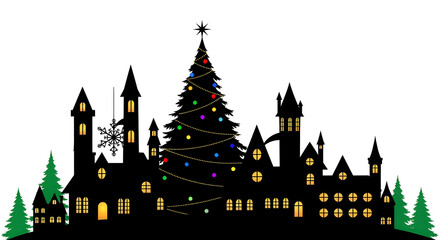 Obraz premium Festive christmas town silhouette with decorated tree and warm glowing windows