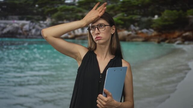 Woman with glasses holding a blue clipboard and one hand pressed to her forehead while squinting toward the sun on a sandy beach shore; work deadline exhaustion.