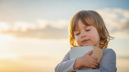 Innocent young girl hugging holy bible with her eyes closed. Child showing faith and hope in prayer at sunset