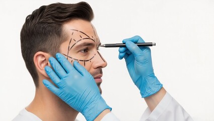 Surgeon drawing marking lines on man's face before plastic surgery. Male patient preparing for cosmetic facial procedure in clinic. Aesthetic medicine concept on white background