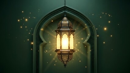Fototapeta premium Elegant islamic lantern glowing in archway with bokeh lights