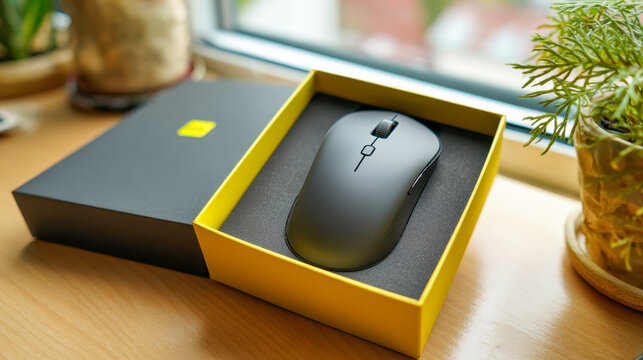 Wireless computer mouse with modern ergonomic design resting in an open yellow and black gift box displayed on a wooden table near a window with decorative plants ne