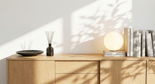 Modern light wood sideboard with a glowing orb lamp, books, and a reed diffuser, styled in a minimalist aesthetic with soft sunlight casting leafy shadows on the white wall