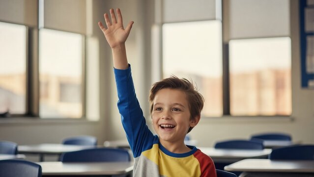 Happy elementary school student raising his hand in classroom. Cheerful young boy smiling and eager to answer question during lesson