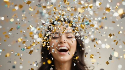 Happy woman celebrating under falling gold and silver confetti. Joyful female enjoying festive party. Success and winning concept