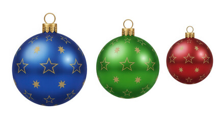 Colorful christmas ornaments with golden stars isolated on transparent background