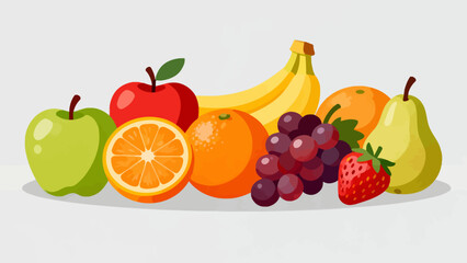 This colorful illustration displays a diverse collection of fresh fruits (including apples, oranges, bananas, pears, and strawberries) in whole and sliced forms