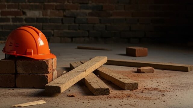 Orange hard hat resting on a stack of bricks with wooden planks scattered on a dusty concrete floor against a dark brick wall background