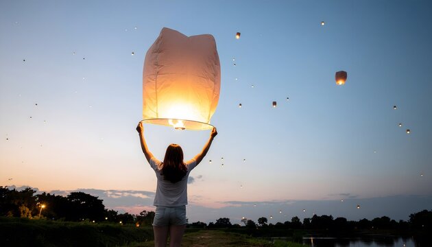People releasing glowing lanterns into the sky. - Powered by Adobe