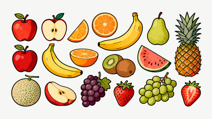 This colorful illustration displays a diverse collection of fresh fruits (including apples, oranges, bananas, pears, and strawberries) in whole and sliced forms