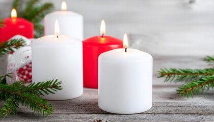 Red and white candles with pine decorations.