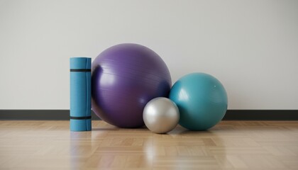 Colorful fitness balls and a blue yoga mat for pilates or exercise arranged on a polished wooden floor in a bright, minimalist studio with copy space