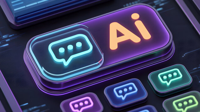 Futuristic AI chatbot interface buttons glowing in neon colors tech innovation branding and social media design - Powered by Adobe