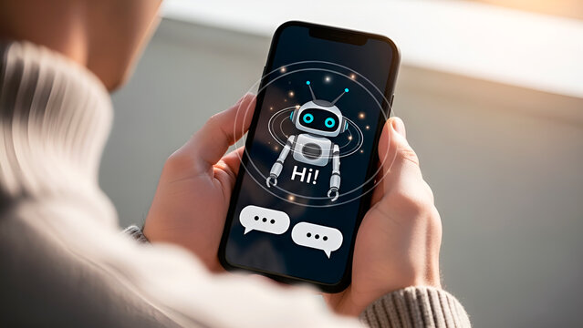 Close-up of a man holding a smartphone with a chat interface displaying a robot avatar. Concept of artificial intelligence-based communication.