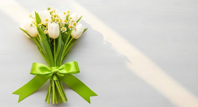 Fresh bouquet of white tulips and daisies with a vibrant green ribbon on light wooden background for mental health awareness concept and well-being support