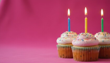 Three festive birthday cupcakes with creamy frosting, colorful sprinkles, and glowing lit candles celebrate an occasion on a vibrant pink background with ample copy space