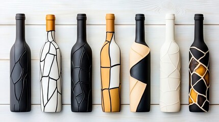 A top-down shot showcases a collection of seven uniquely designed wine bottles, each with a distinct pattern and color scheme, arranged on a white wooden surfac