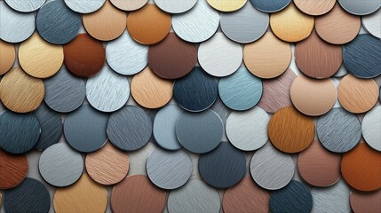 An abstract background featuring a pattern of overlapping circles in various colors, with a textured and metallic appearance.