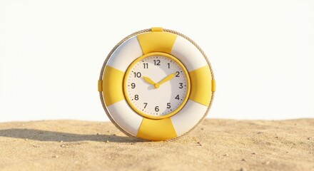 Yellow and white lifebuoy shaped clock with a rope detail sits on a sandy beach under a bright, sunny sky, symbolizing summer vacation time or a deadline