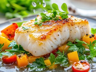 Delicious grilled fish with colorful vegetables.