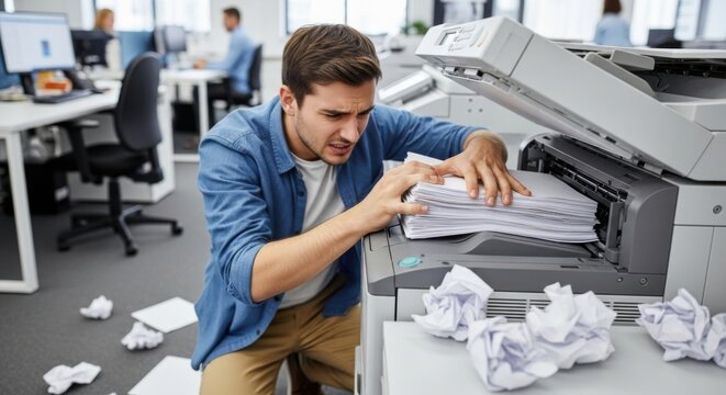 Man struggling with a jammed office printer, frustrated and overwhelmed. - Powered by Adobe